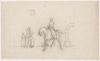 KT 1672
<br/>
Oosterse ruiter te paard en vrouw met kinderen voor gebouw
<br/>
<em>Famars Testas, Willem de (1834-1896)</em>